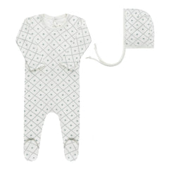 Aurora Ivory/Blue Diamond Print Footie + Bonnet