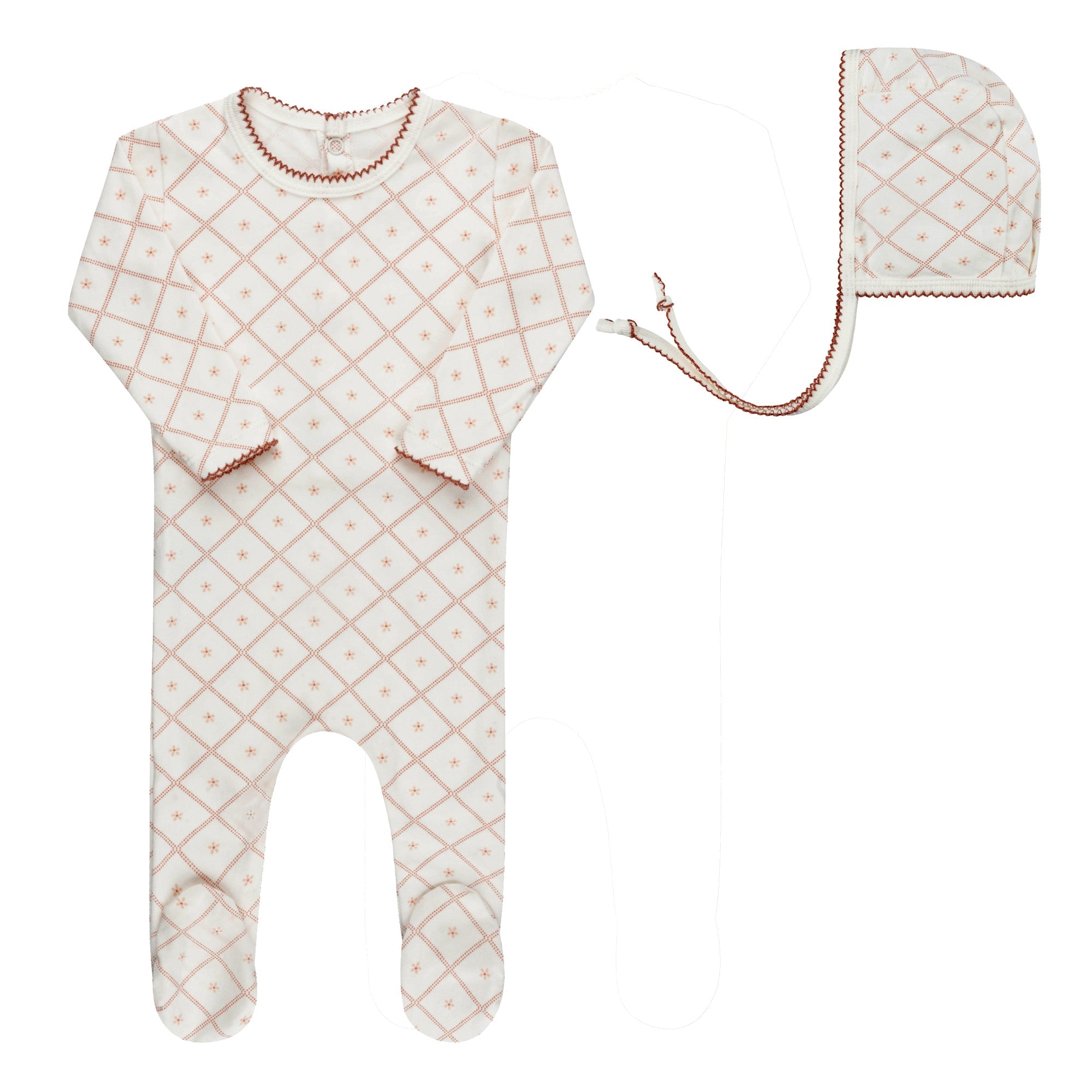 Aurora Ivory/Pink Diamond Print Footie + Bonnet