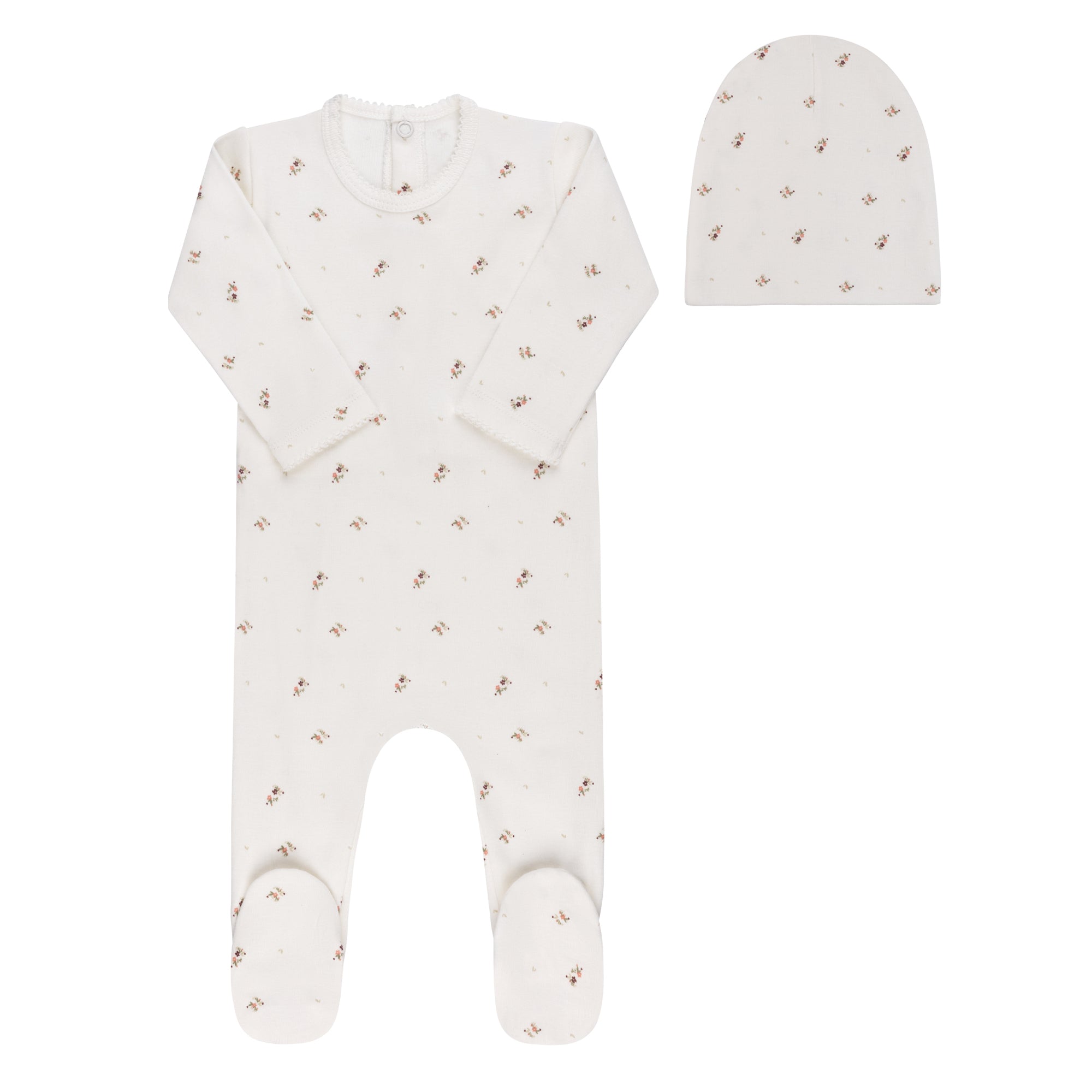 Aurora Ivory/Pink Floral Print Footie + Beanie