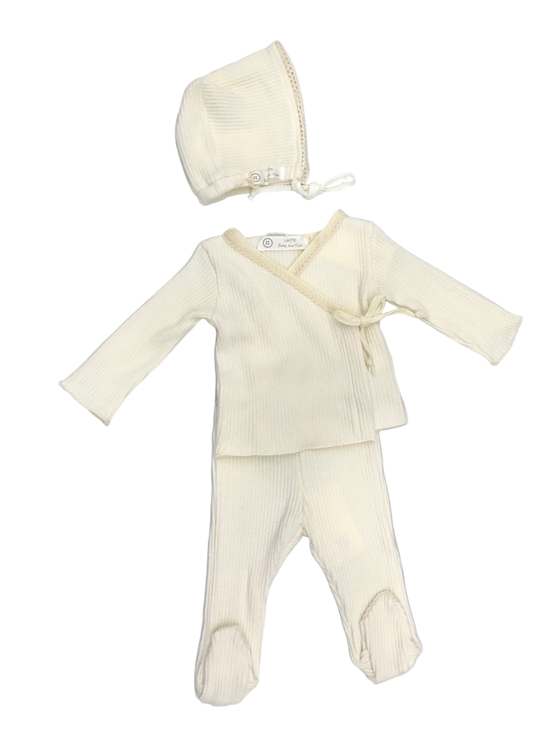 Latte Baby and Child White Rib Lace Knit Set + Bonnet