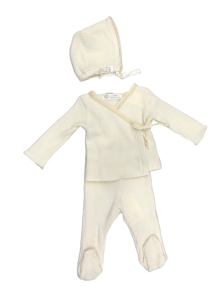 Latte Baby and Child White Rib Lace Knit Set + Bonnet