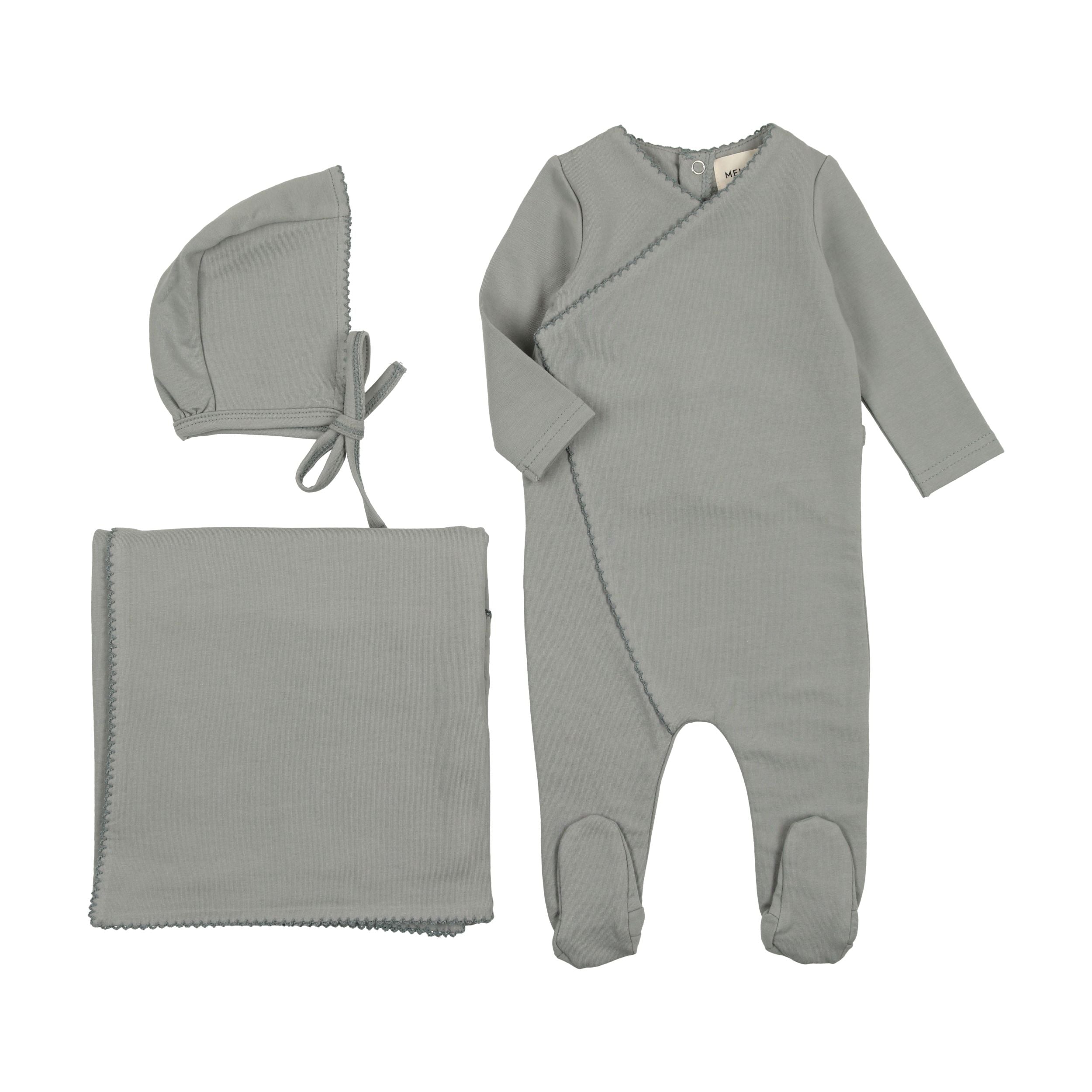 Mema Knits Powder Blue Picot Edge 3 Pc Set