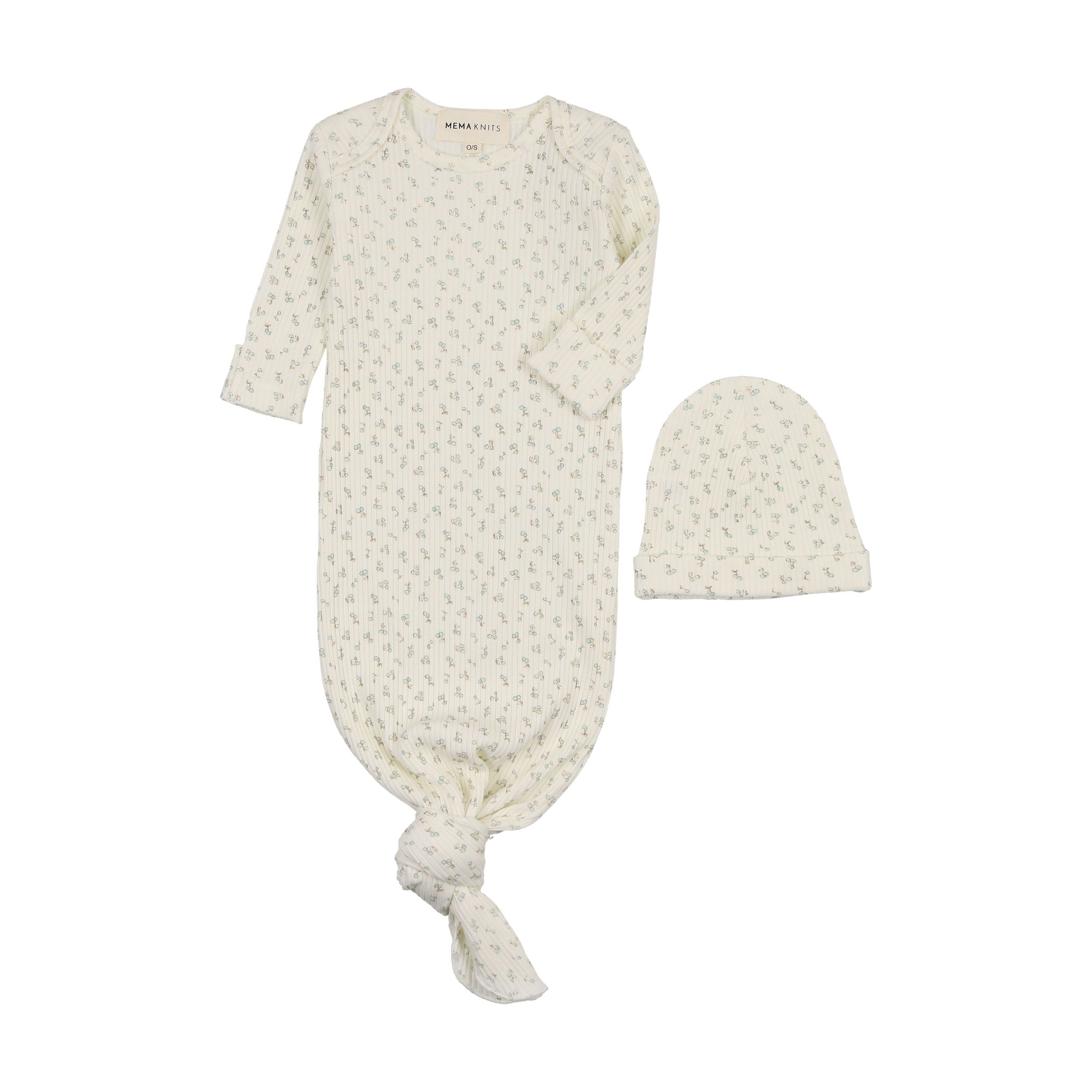 Mema Knits Blue Cherry Print Sleep Gown + Beanie