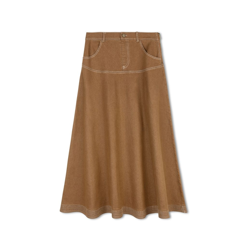 Byke Camel Wash Midi Denim Yoke Skirt