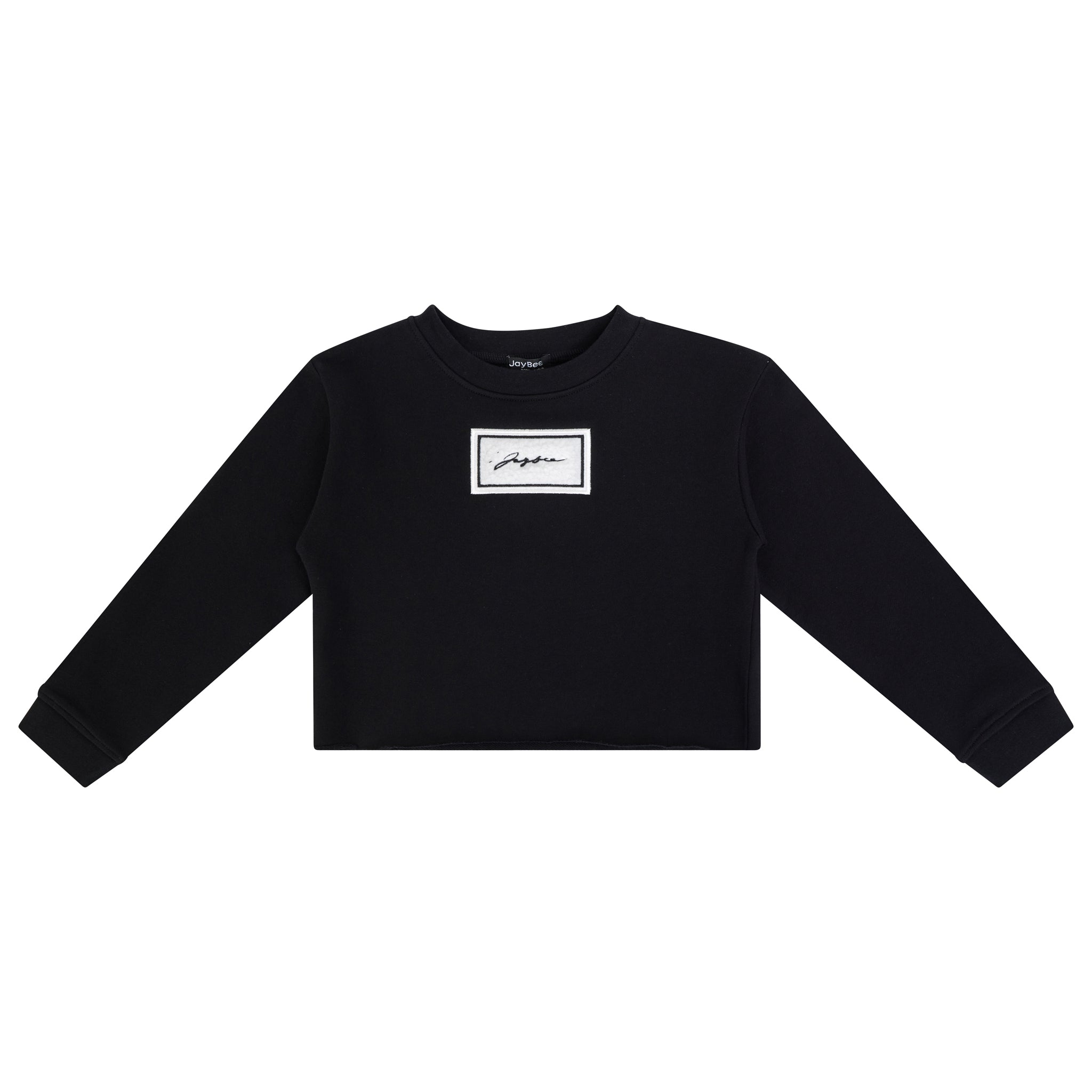 A front view of the JayBee sherpa patch black cropped children's sweatshirt.