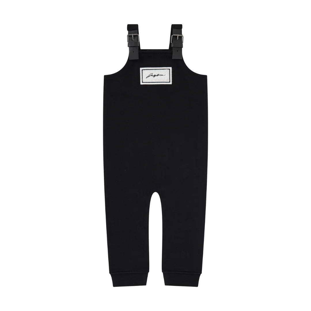 A front view of the JayBee black sherpa patch children's overalls.