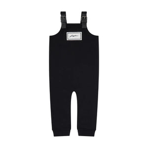 A front view of the JayBee black sherpa patch children's overalls.