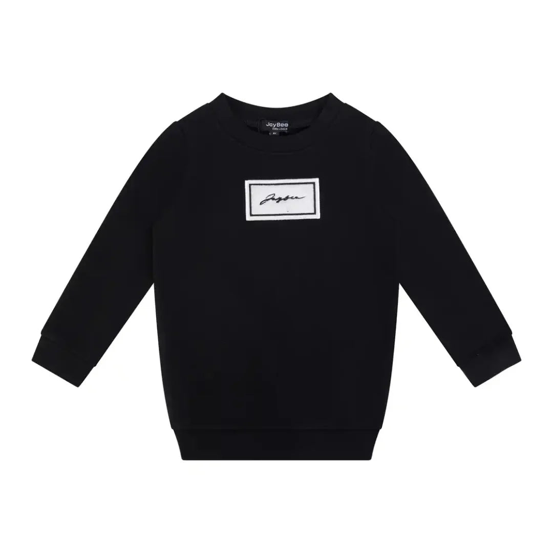 A front view of the JayBee black sherpa patch children's sweatshirt.