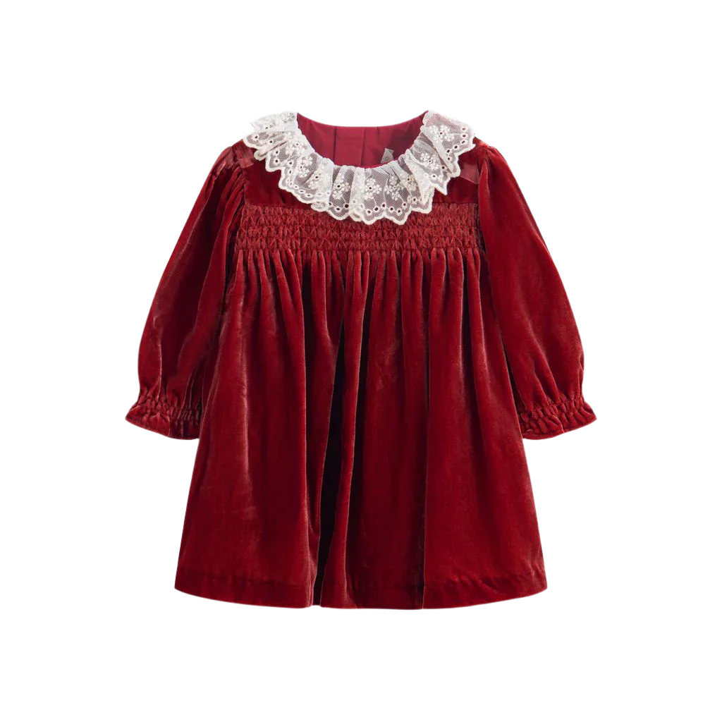 Red velvet dress with lace collar on a white background