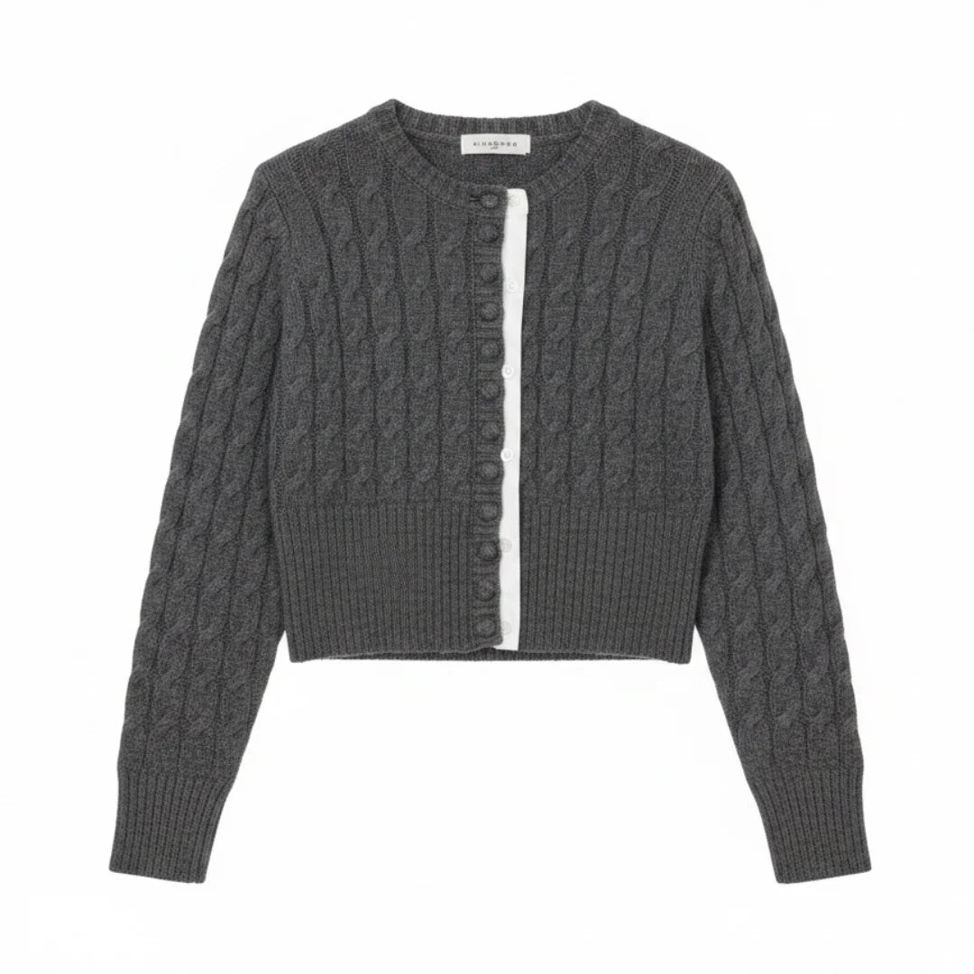 front view of the John Richmond charcoal grey cable-knit designer cardigan.