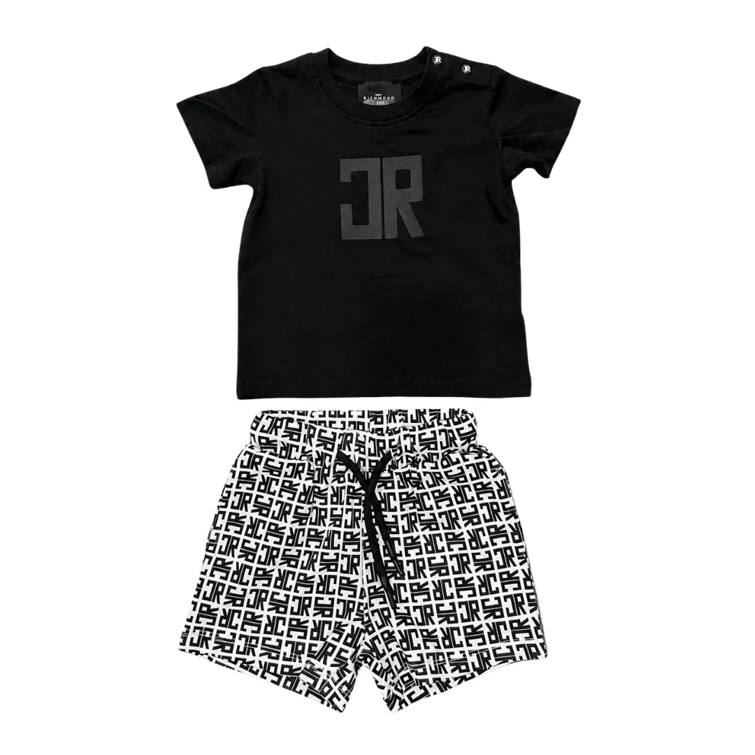 A breathtaking John Richmond Faredi two-piece set showcasing an immaculate t-shirt, matching Bermuda shorts, and premium designer detailing.