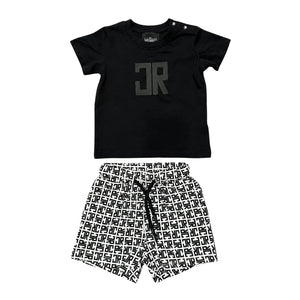 A breathtaking John Richmond Faredi two-piece set showcasing an immaculate t-shirt, matching Bermuda shorts, and premium designer detailing.