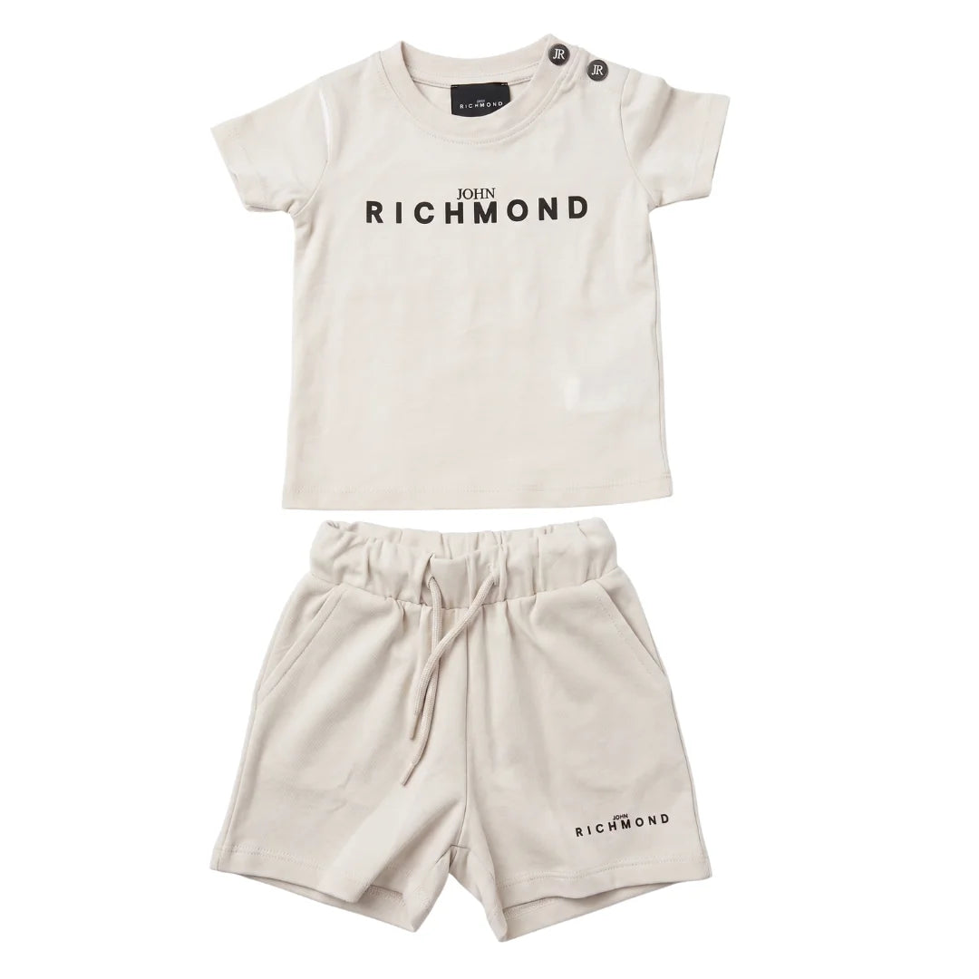 A breathtaking John Richmond two-piece Galiakop set featuring a premium graphic t-shirt and matching tailored bermuda shorts on white
