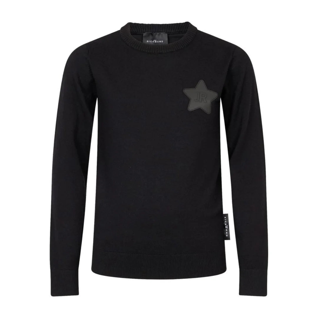 front view of the John Richmond black star logo girls' crewneck sweater.