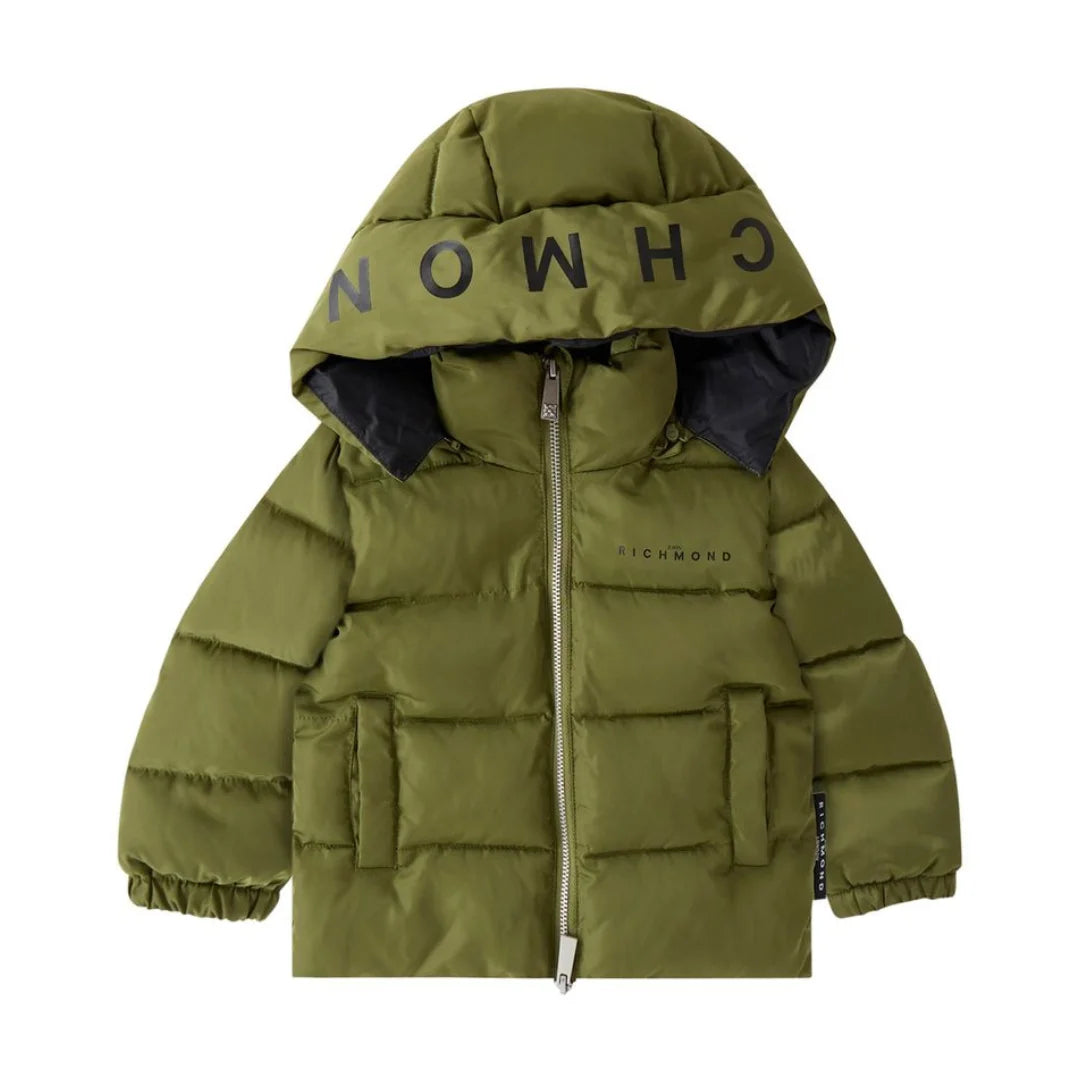 front view of the John Richmond green logo hooded designer jacket.