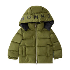 front view of the John Richmond green logo hooded designer jacket.