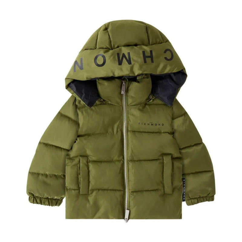 front view of the John Richmond green logo hooded designer jacket.
