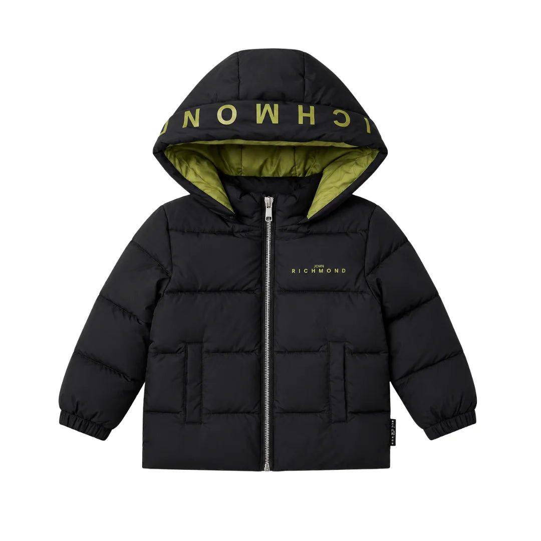 front view of the John Richmond black logo hooded designer jacket.