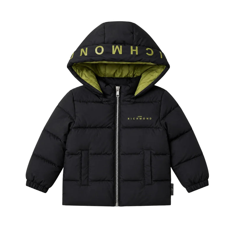 front view of the John Richmond black logo hooded designer jacket.