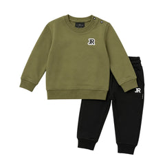 front view of the John Richmond green and black designer sweatshirt set.