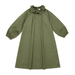 Green dress with a ruffled neckline on a white background