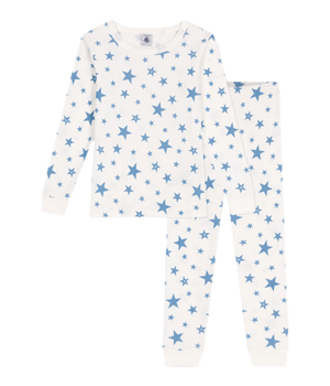 Petit Bateau white loungewear set with blue stars print, made from soft organic cotton, laid flat on a neutral background