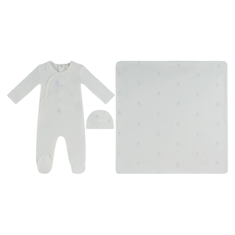A front view of the Kipp Baby blue petit ours 3-piece newborn set.