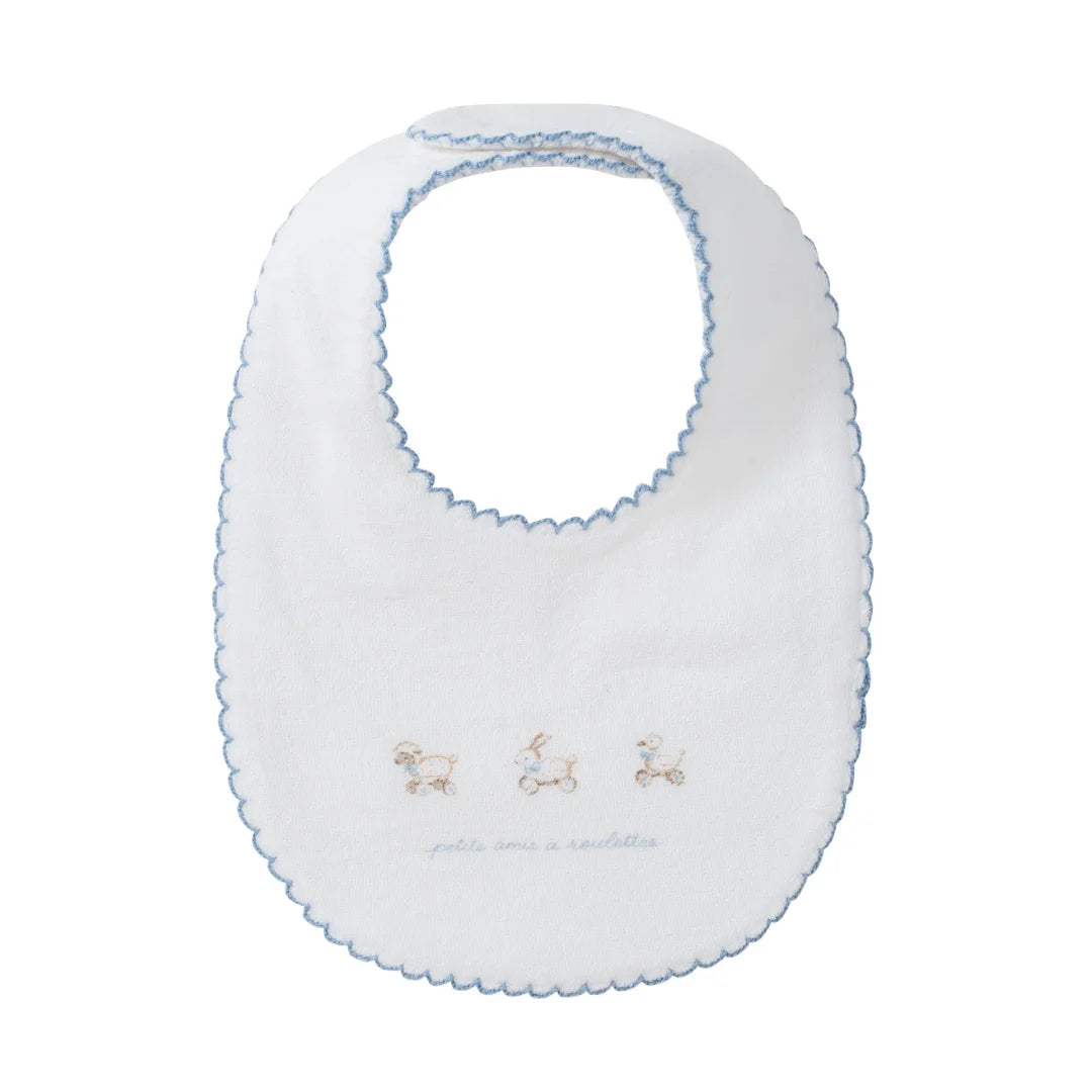 A front view of the Kipp Baby blue petits amis terry cotton baby bib.