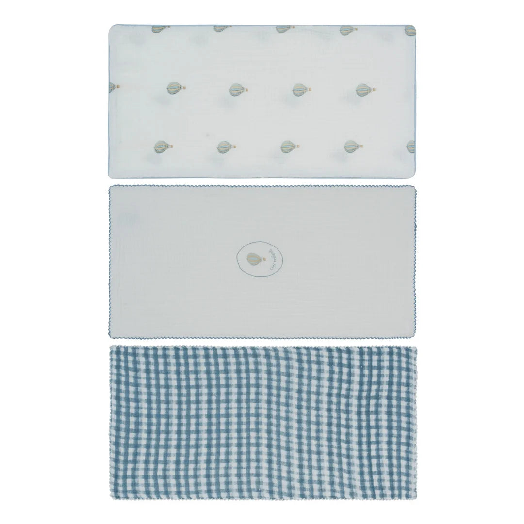A front view of the Kipp blue ciel enfant burp cloth set of three.