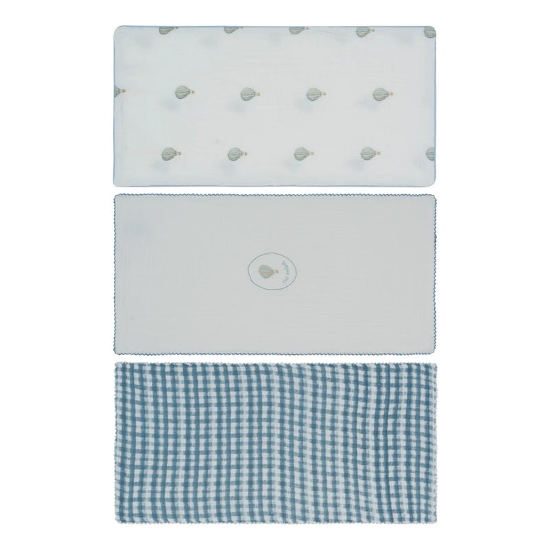A front view of the Kipp blue ciel enfant burp cloth set of three.