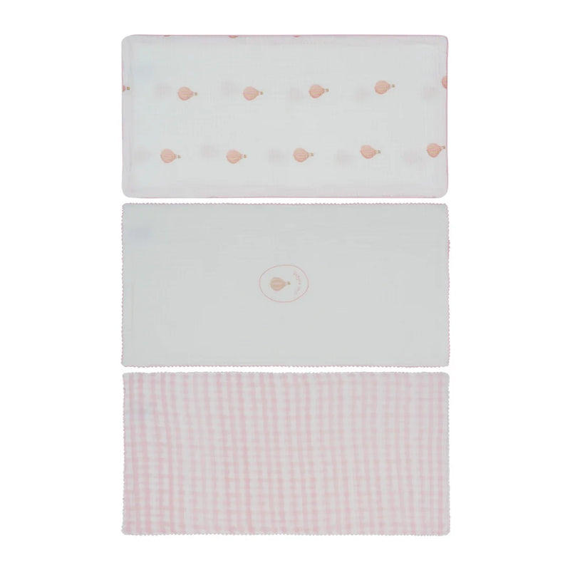 A front view of the Kipp pink ciel enfant burp cloth set of three.