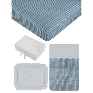 A front view of the Kipp blue and pink ciel enfant mini 4-piece crib bedding set.