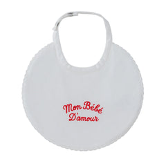 A front view of the Kipp red mon bebe baby feeding bib.