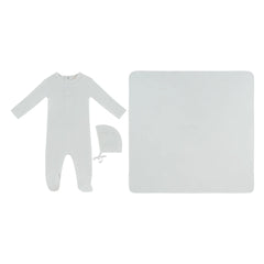 A front view of the Kipp white mon bebe baby footie, hat, and blanket set.