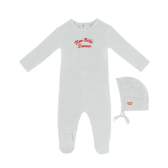 A front view of the Kipp red mon bebe baby footie and hat set.