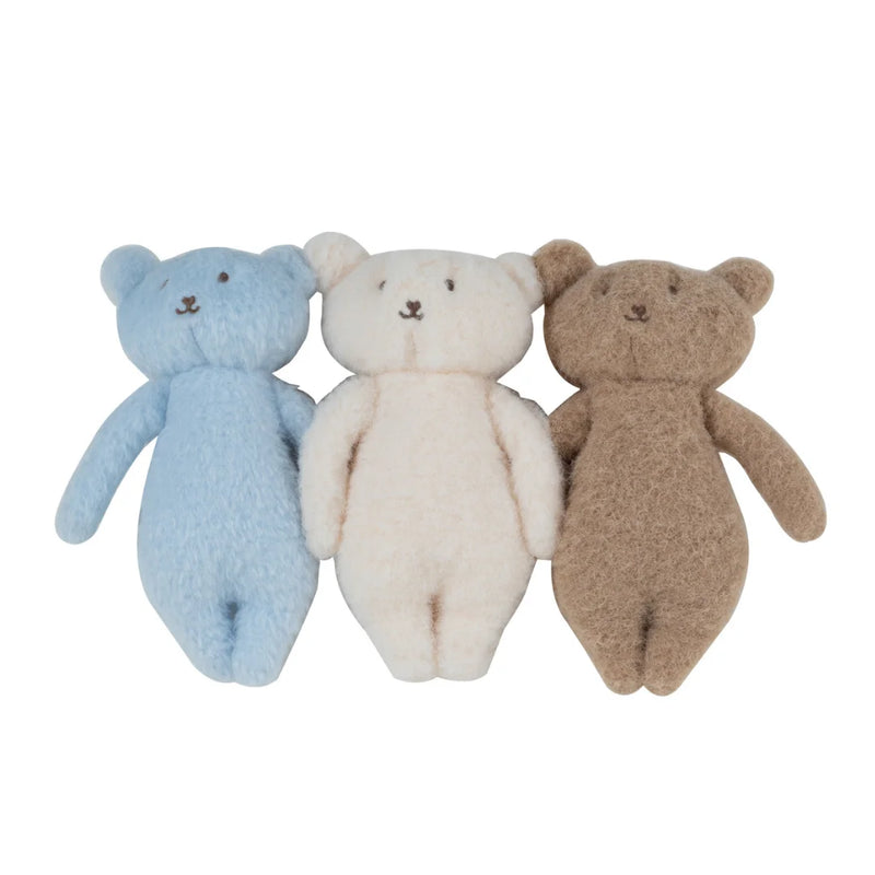 A front view of the Kipp blue mon bebe teddy bear trio plush set.