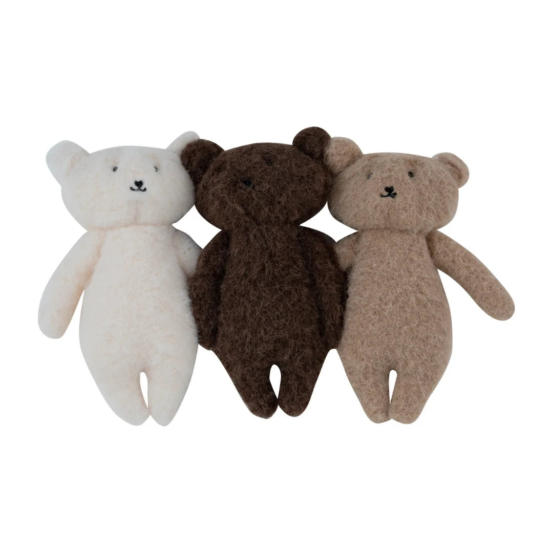 A front view of the Kipp chocolate mon bebe teddy bear trio plush set.