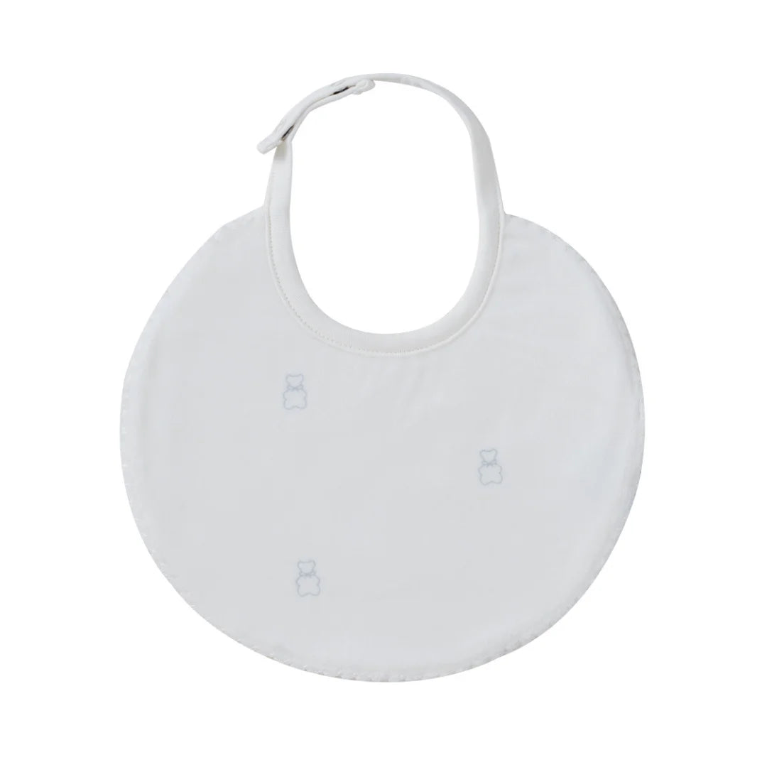 A front view of the Kipp blue petit ours pattern baby feeding bib.