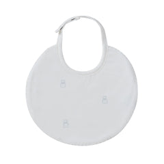 A front view of the Kipp blue petit ours pattern baby feeding bib.