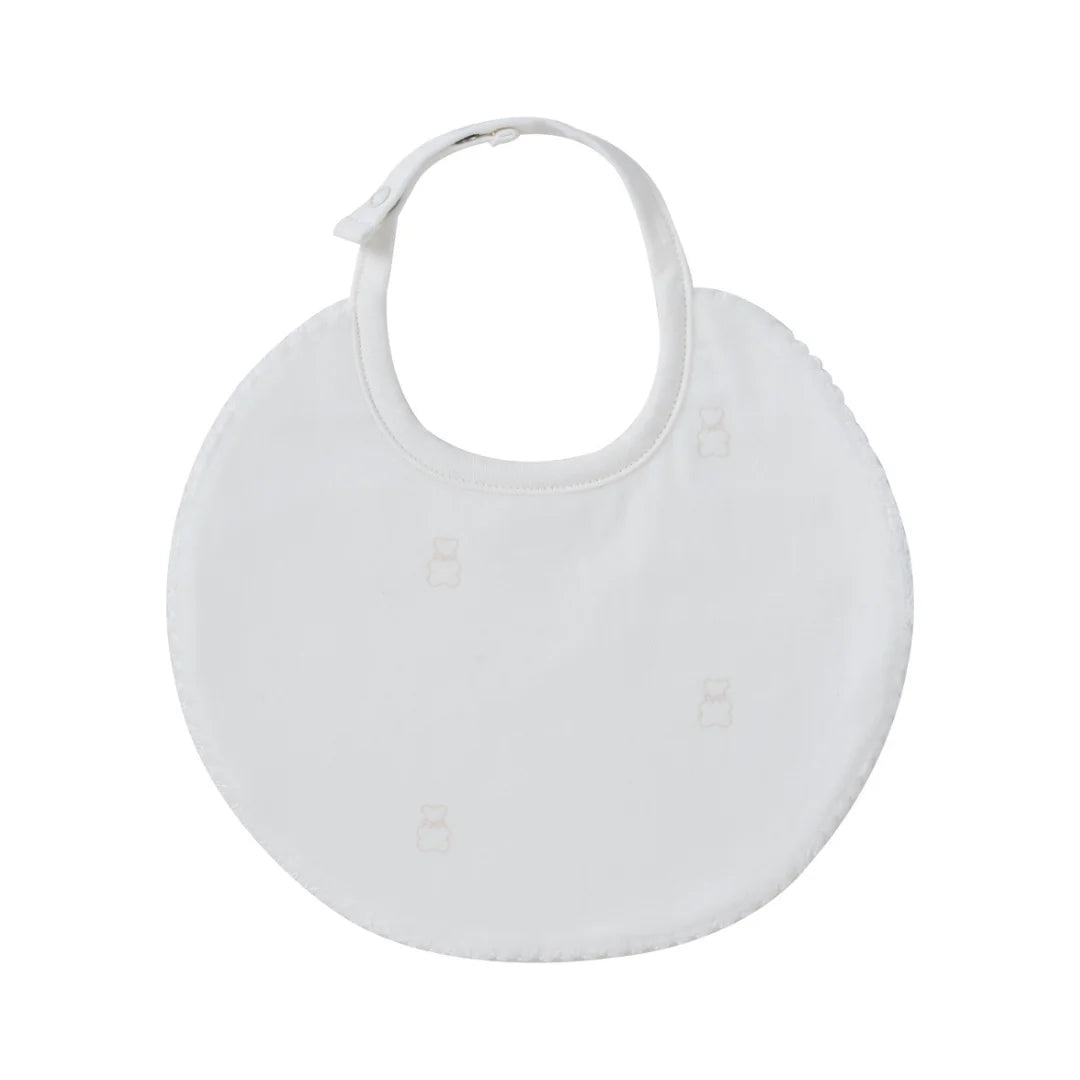 A front view of the Kipp stone petit ours pattern baby feeding bib.