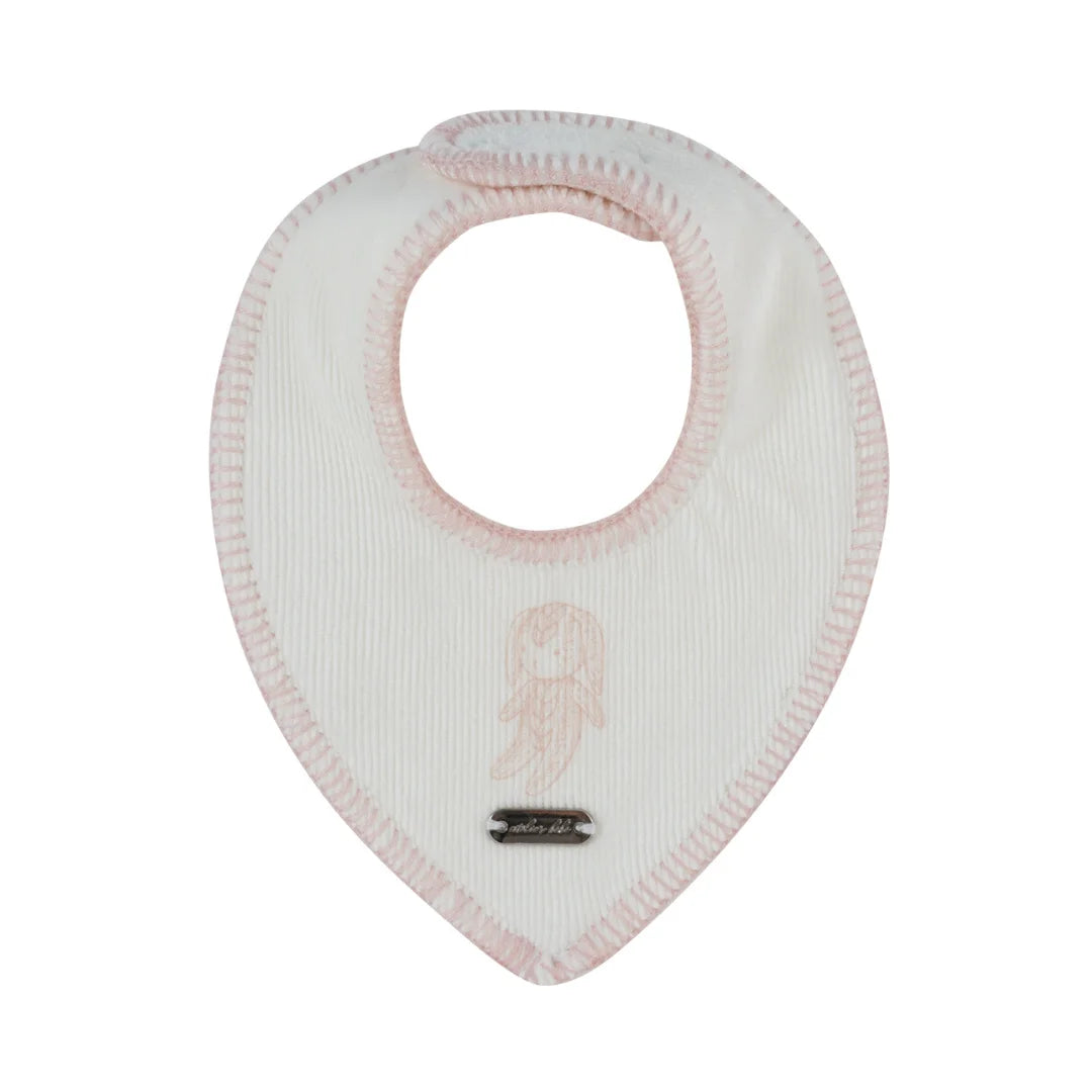 A front view of the Kipp baby pink Atelier Bunny cotton bib.