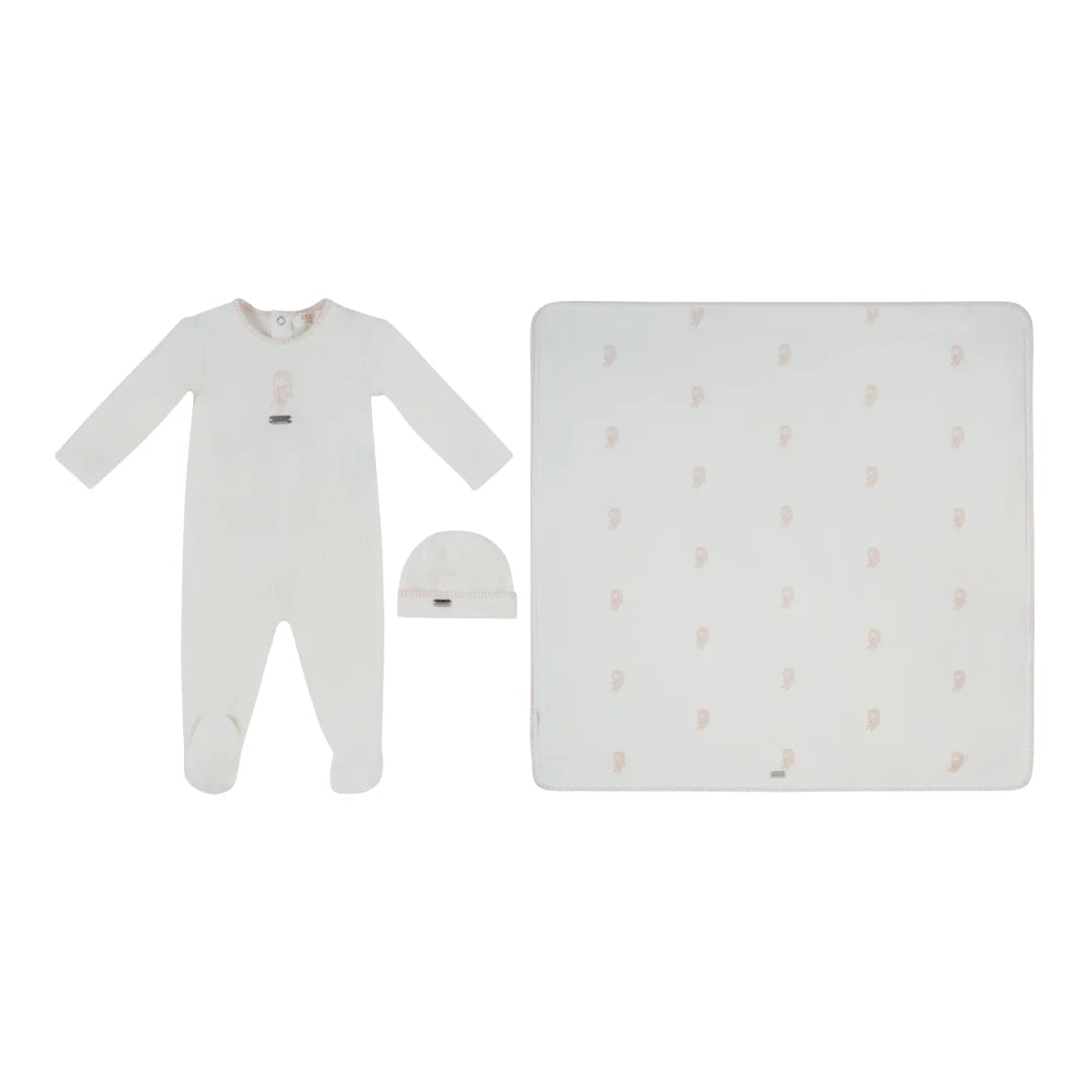 front view of the Kipp baby pink Atelier Bunny footie, hat, and blanket set.