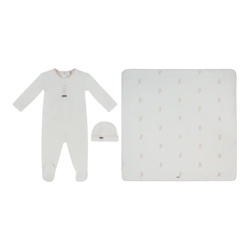 front view of the Kipp baby pink Atelier Bunny footie, hat, and blanket set.