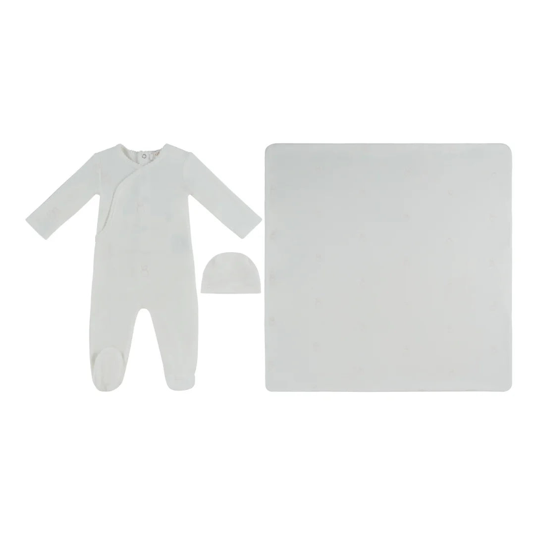 A front view of the Kipp pink petit ours pattern baby footie, hat, and blanket set.