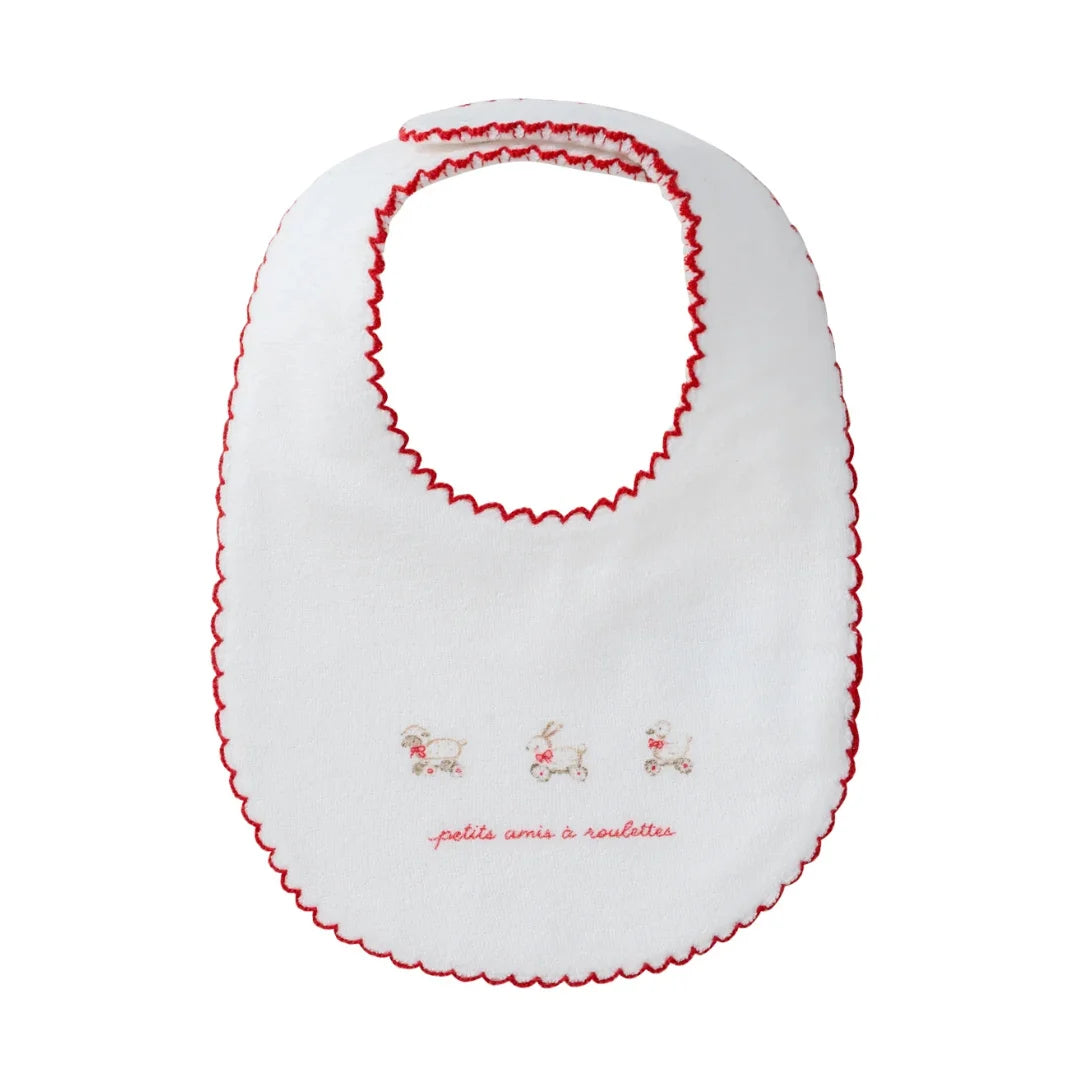 A front view of the Kipp Baby red petits amis terry cotton baby bib.