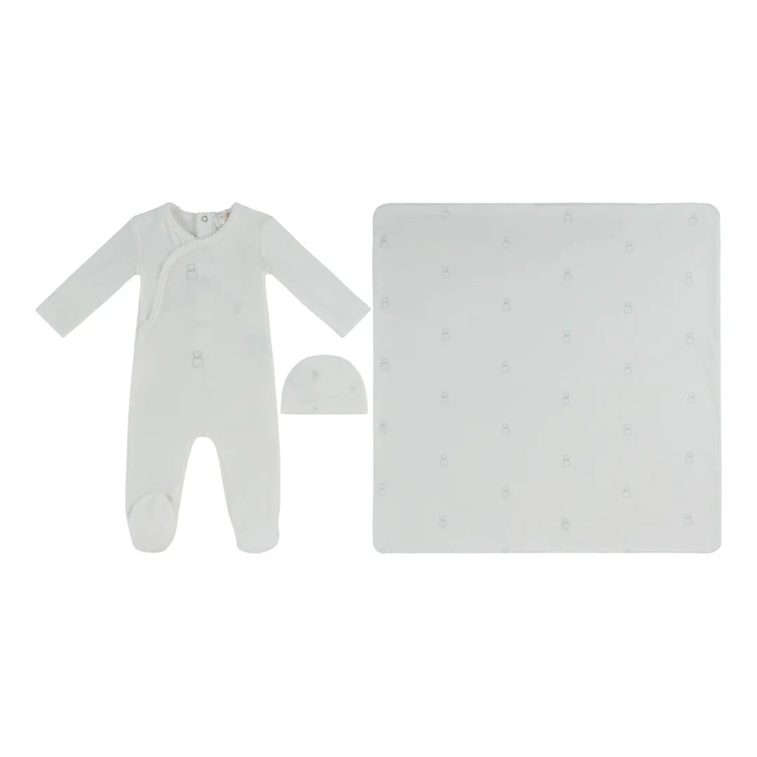 A front view of the Kipp stone petit ours pattern baby footie, hat, and blanket set.