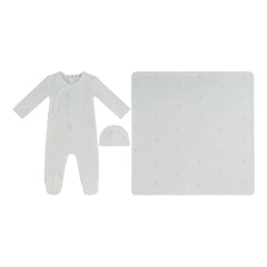 A front view of the Kipp stone petit ours pattern baby footie, hat, and blanket set.