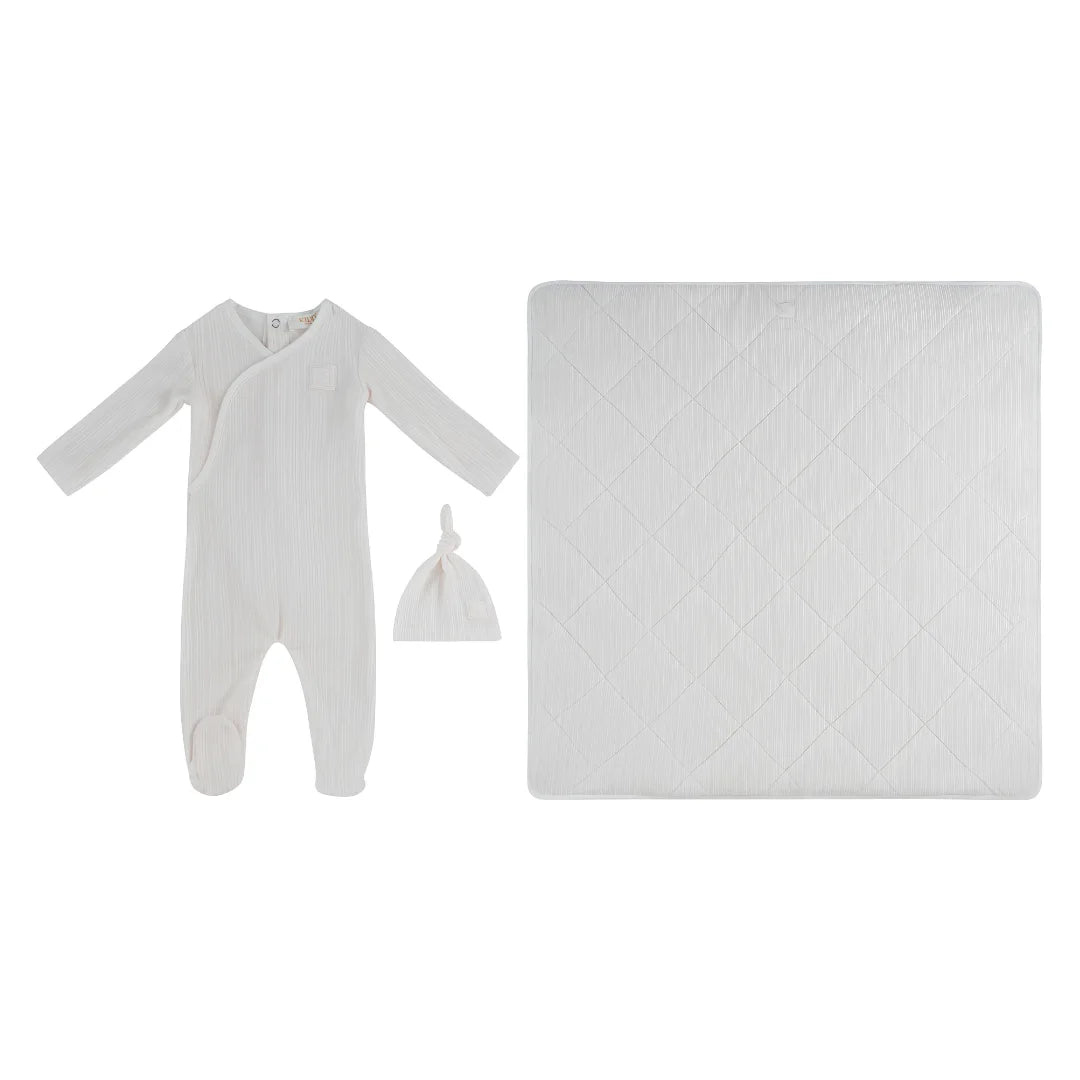 A front view of the Kipp pink baby stripe stamp footie, hat, and blanket set.