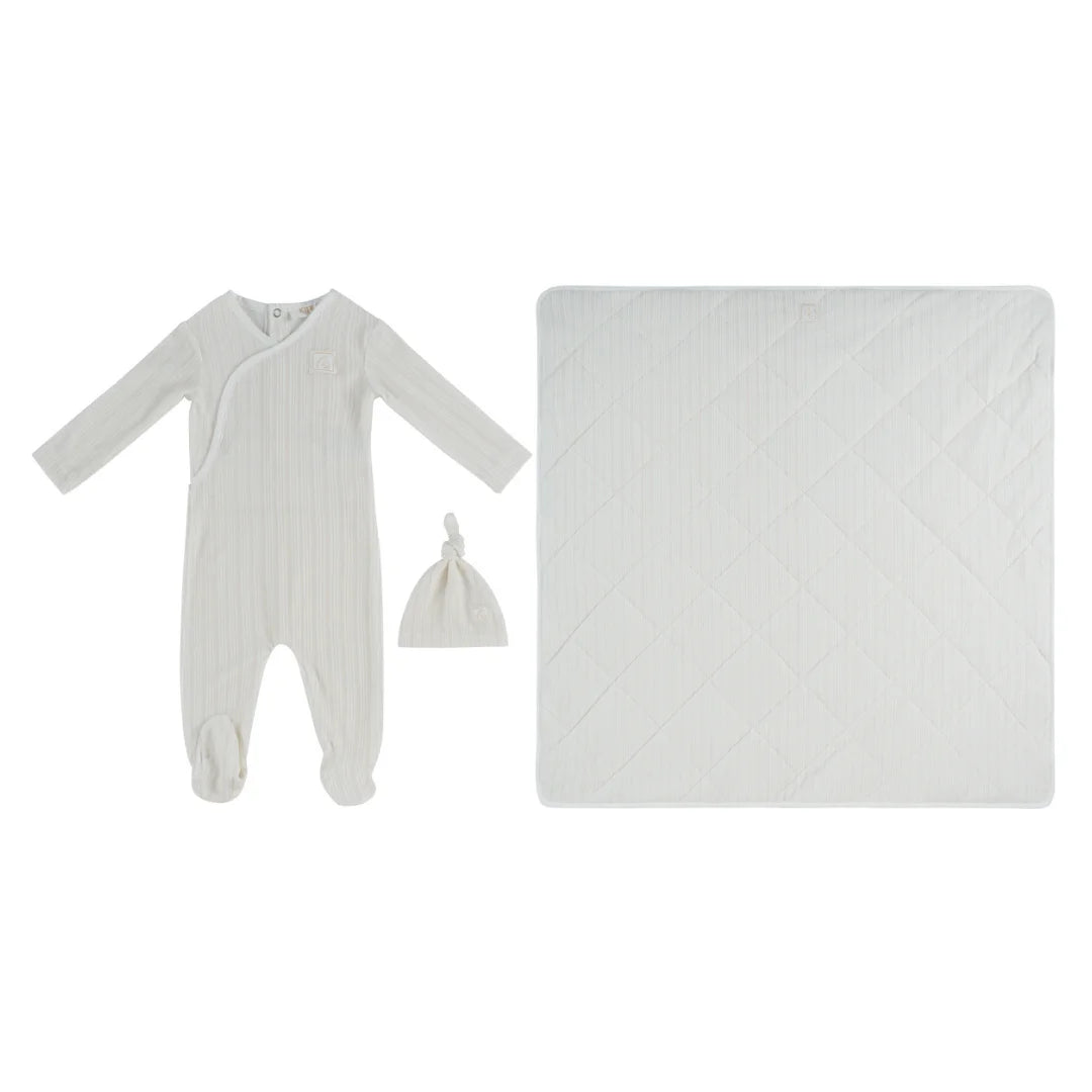A front view of the Kipp stone baby stripe stamp footie, hat, and blanket set.