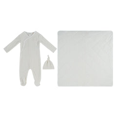 A front view of the Kipp stone baby stripe stamp footie, hat, and blanket set.